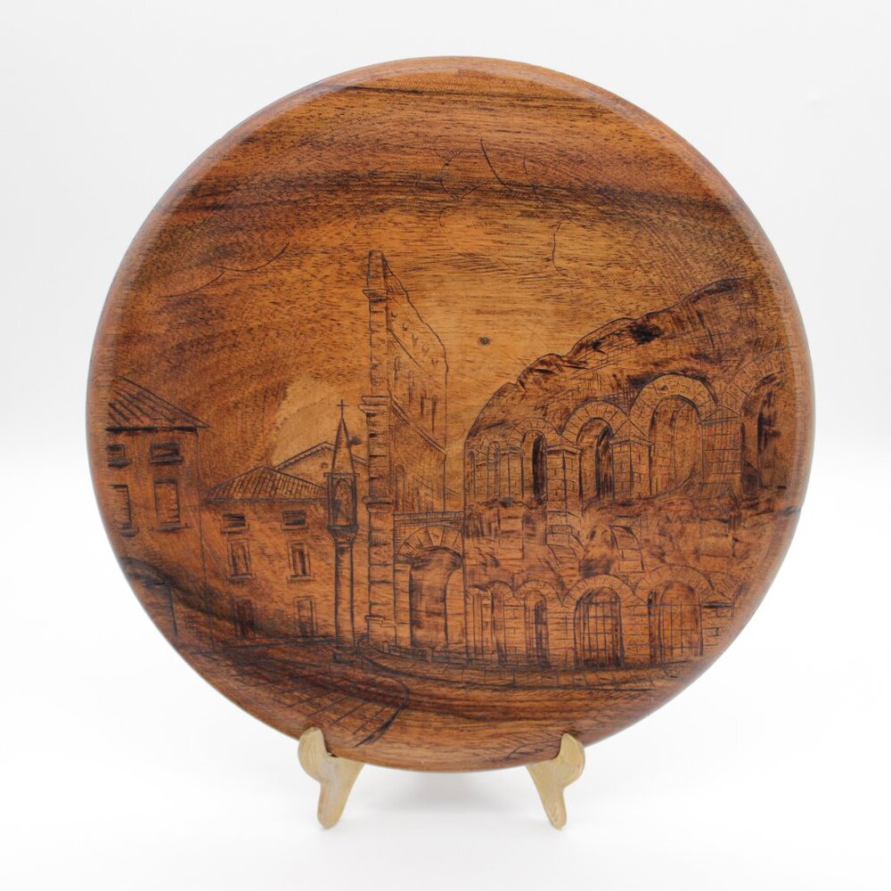 Vintage Hand Carved Folk Art Old World Decorative Wood Plate 9x9"